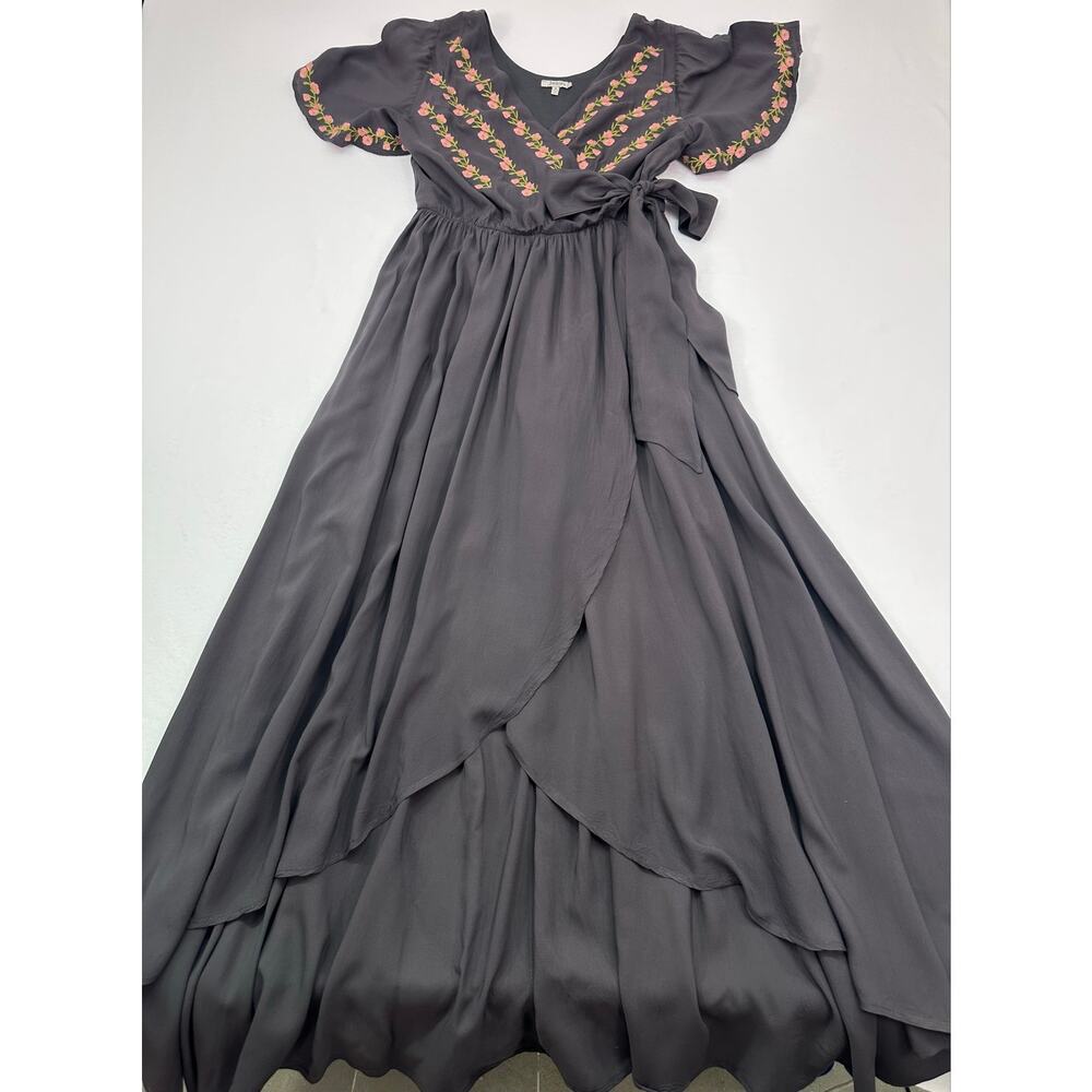 Jodifl Charcoal Floral Embroidered Wrap Hi Low Maxi Dress Size M - Picture 7 of 11